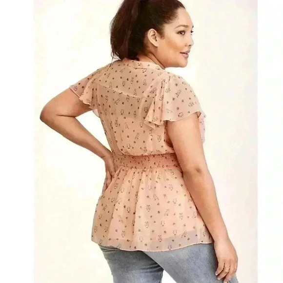 Torrid Mauve “Owl” Print V-Neck Cap Sleeve Chiffon Peplum Peasant Top Size 14/16 - Picture 2 of 12
